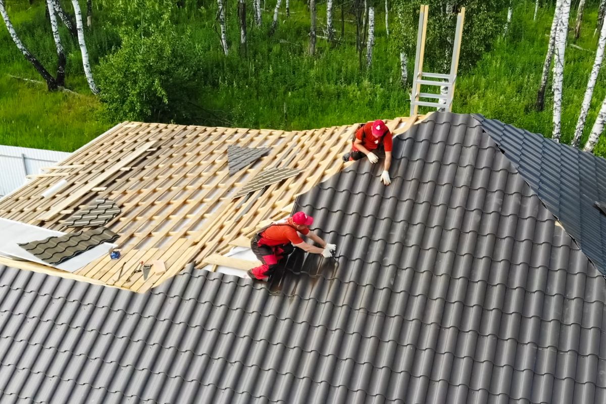  Two men installing a metal roof, focused on their work while standing on the sloped surface of the roof.
