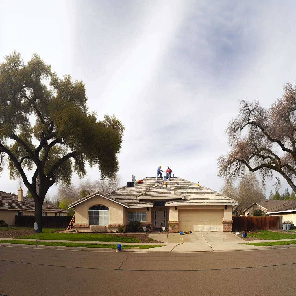 Emergency roof repair being performed on a stucco home near Roseville Sacramento area