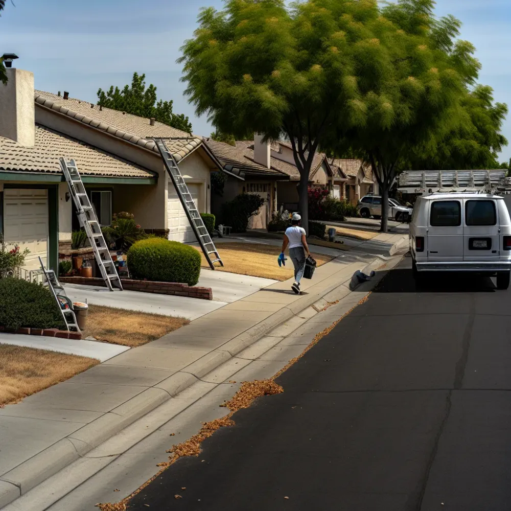Roof repair service vehicle parked on residential street in Roseville Sacramento CA