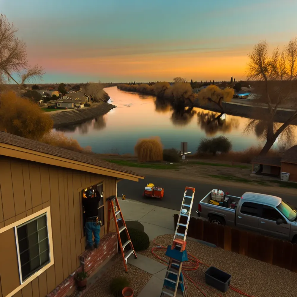 Emergency roof repair near Sacramento River in West Sacramento Broderick neighborhood at golden hour
