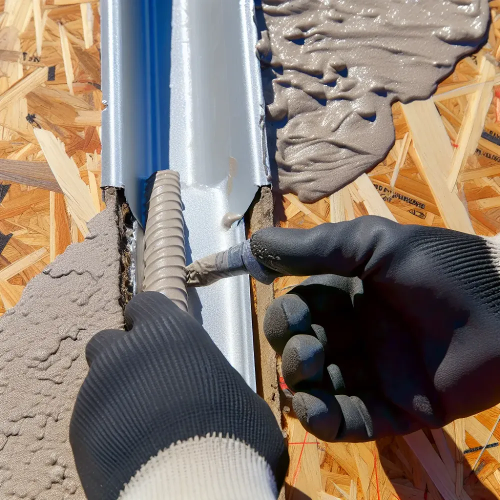 Close-up of aluminum flashing repair with sealant on Sacramento roof deck