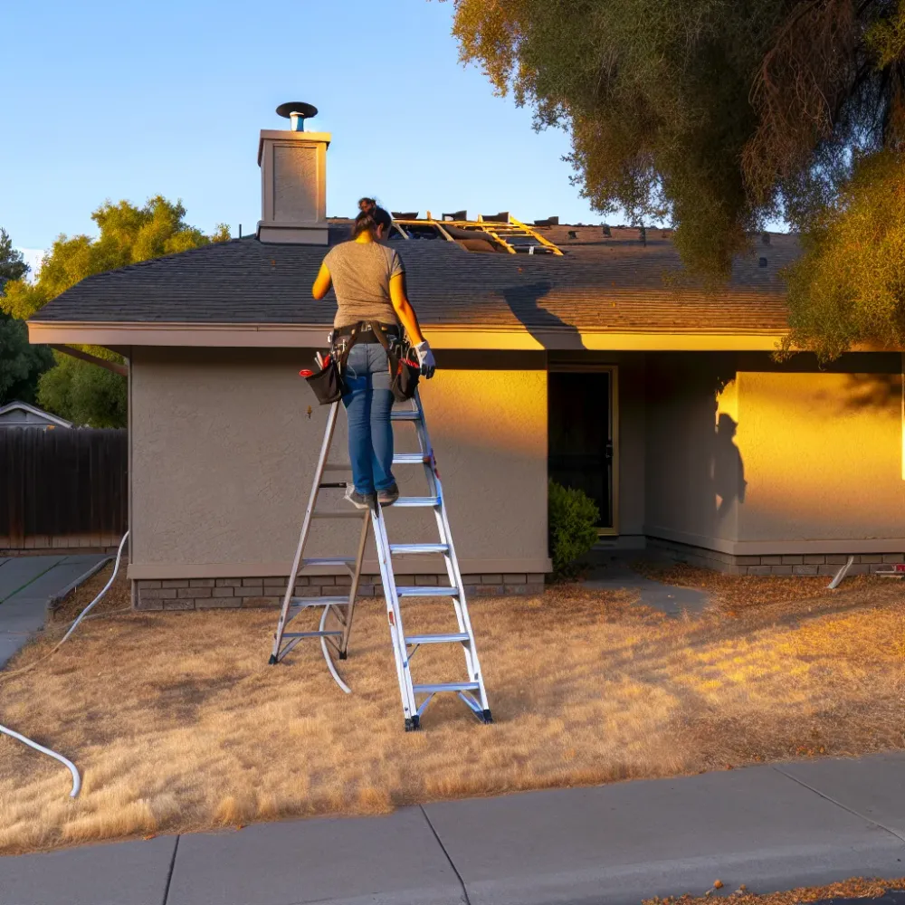 Roofer descending ladder after flashing repair on Sacramento ranch-style home