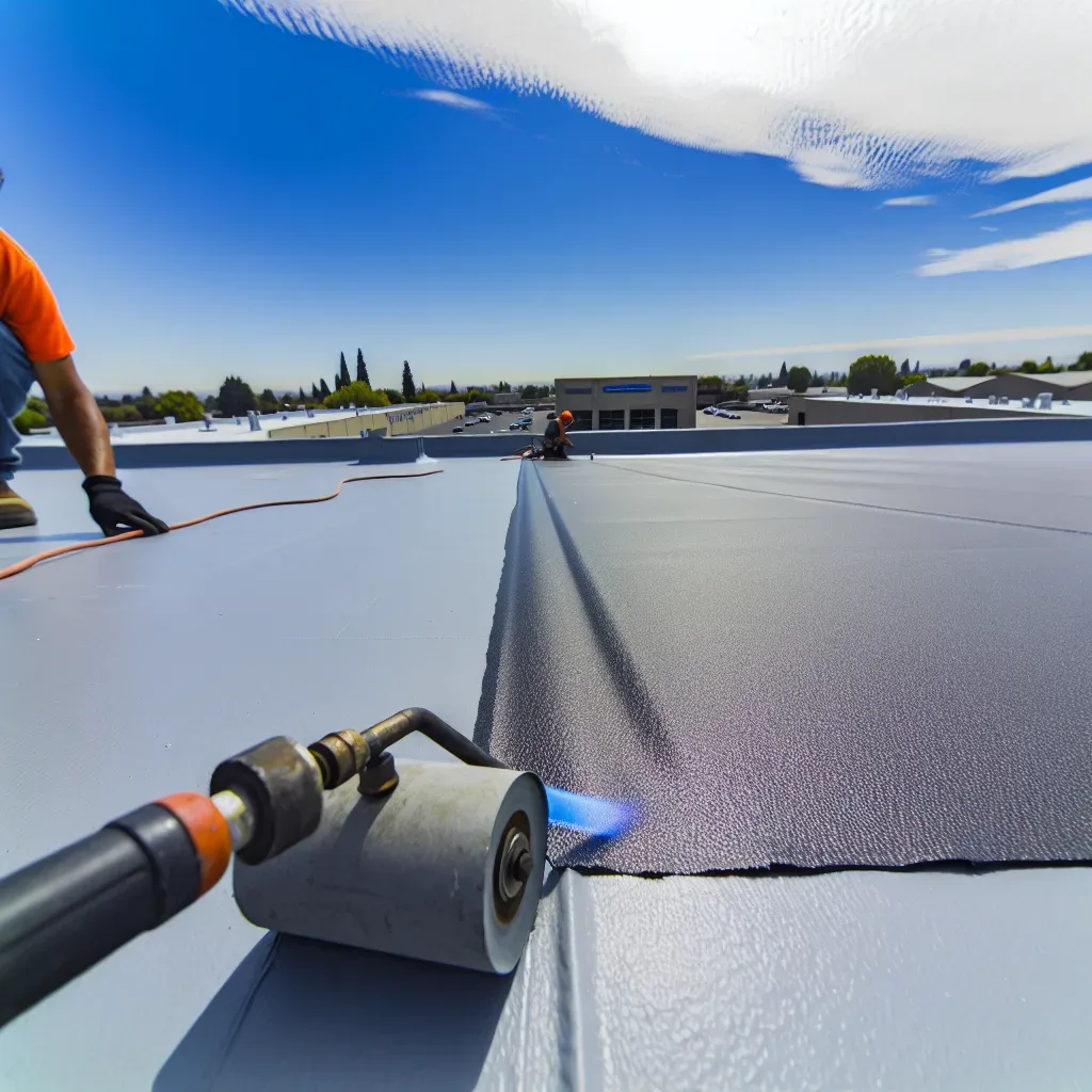 Flat roof repair technician sealing membrane seam on commercial roof in Sacramento CA