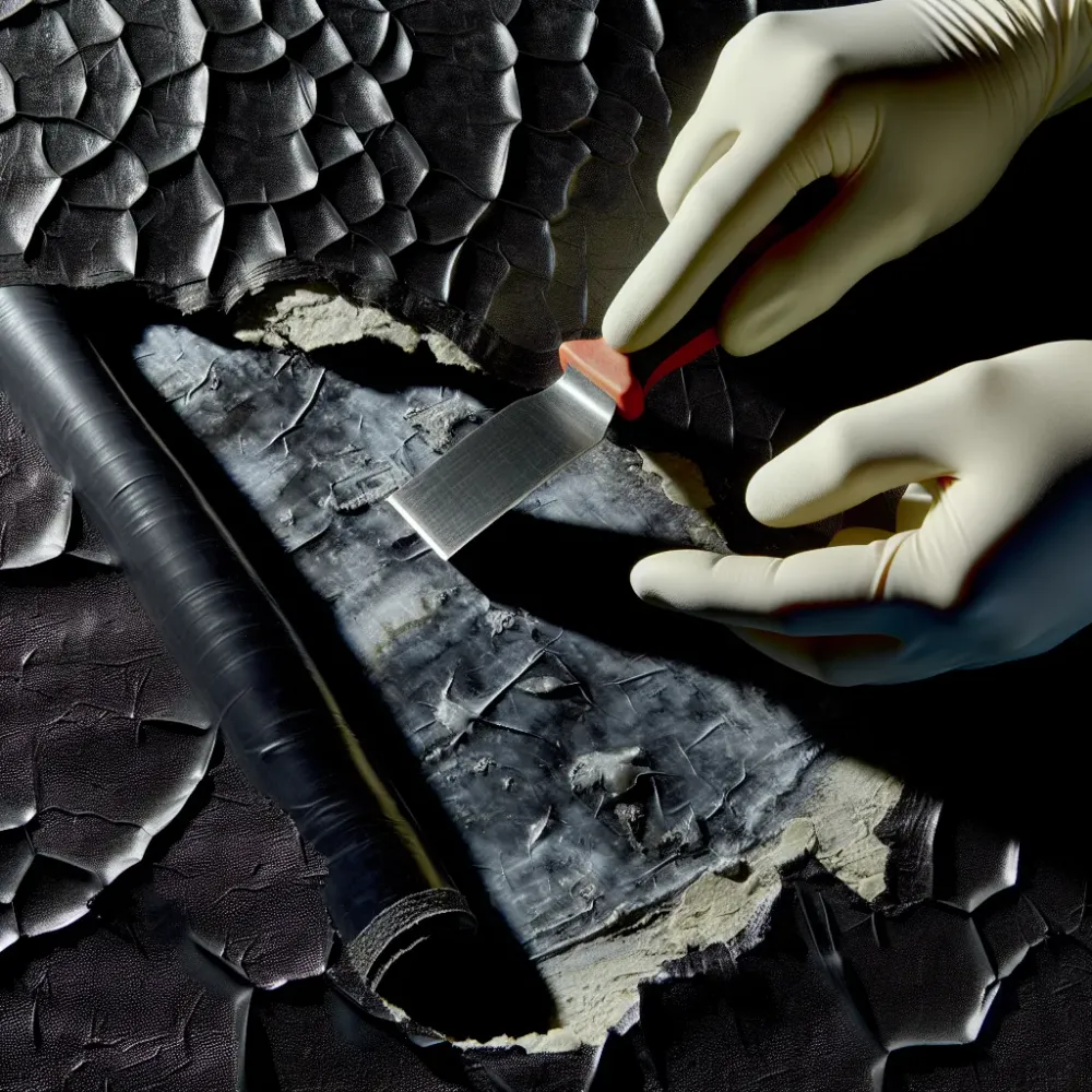 Close-up of cracked flat roof membrane damage requiring repair in Sacramento California