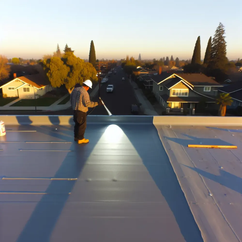 Flat roof repair inspection at golden hour on Sacramento California commercial building