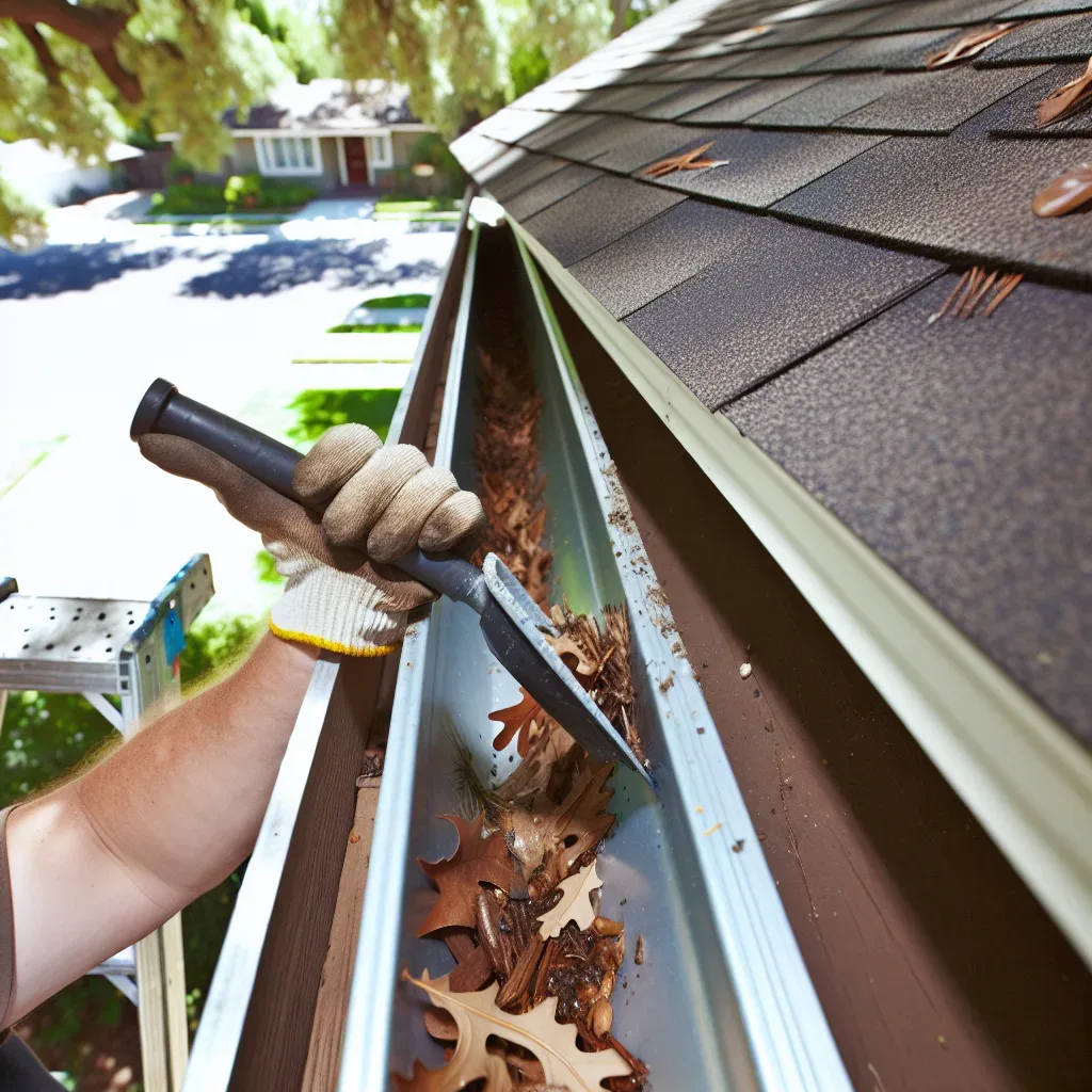 Gutter cleaning service in Sacramento CA 95814 technician removing leaf debris from roofline