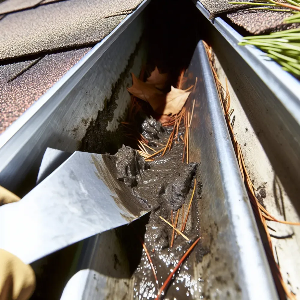 Close-up of clogged gutter debris removal during Sacramento CA gutter cleaning service
