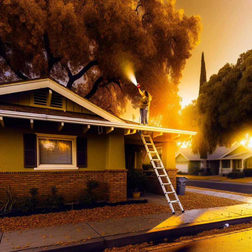 Sacramento CA 95814 home gutter cleaning at golden hour with craftsman architecture and mature trees