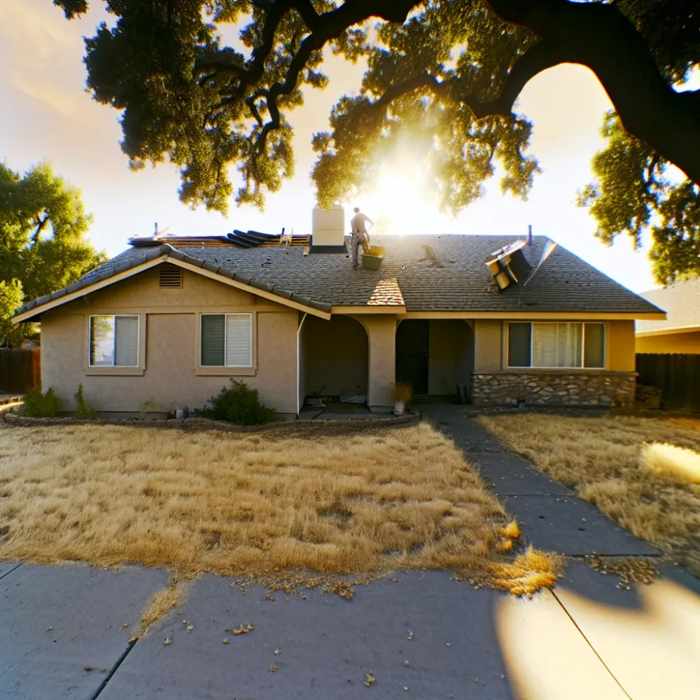 Roofer repairing hail damage on Sacramento California ranch style home