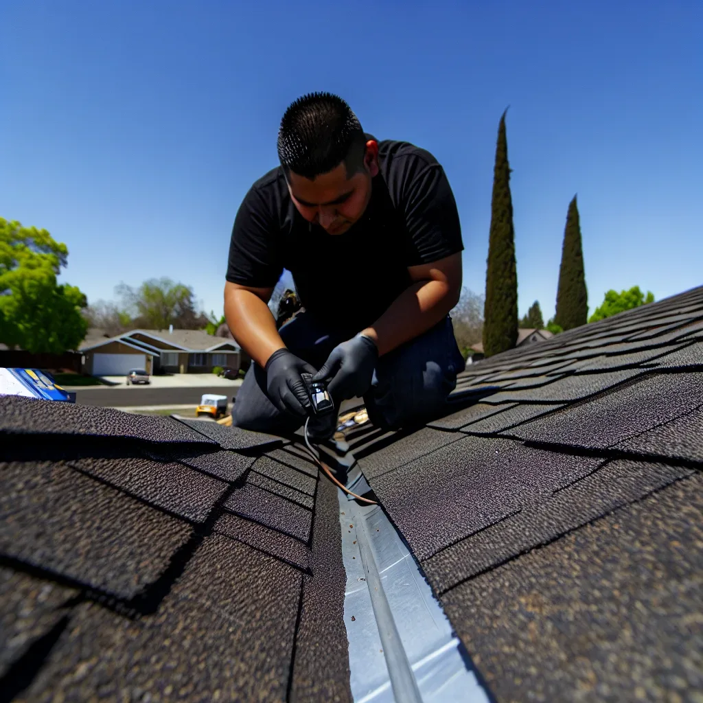 Roof leak detection technician using moisture meter on Sacramento home shingles