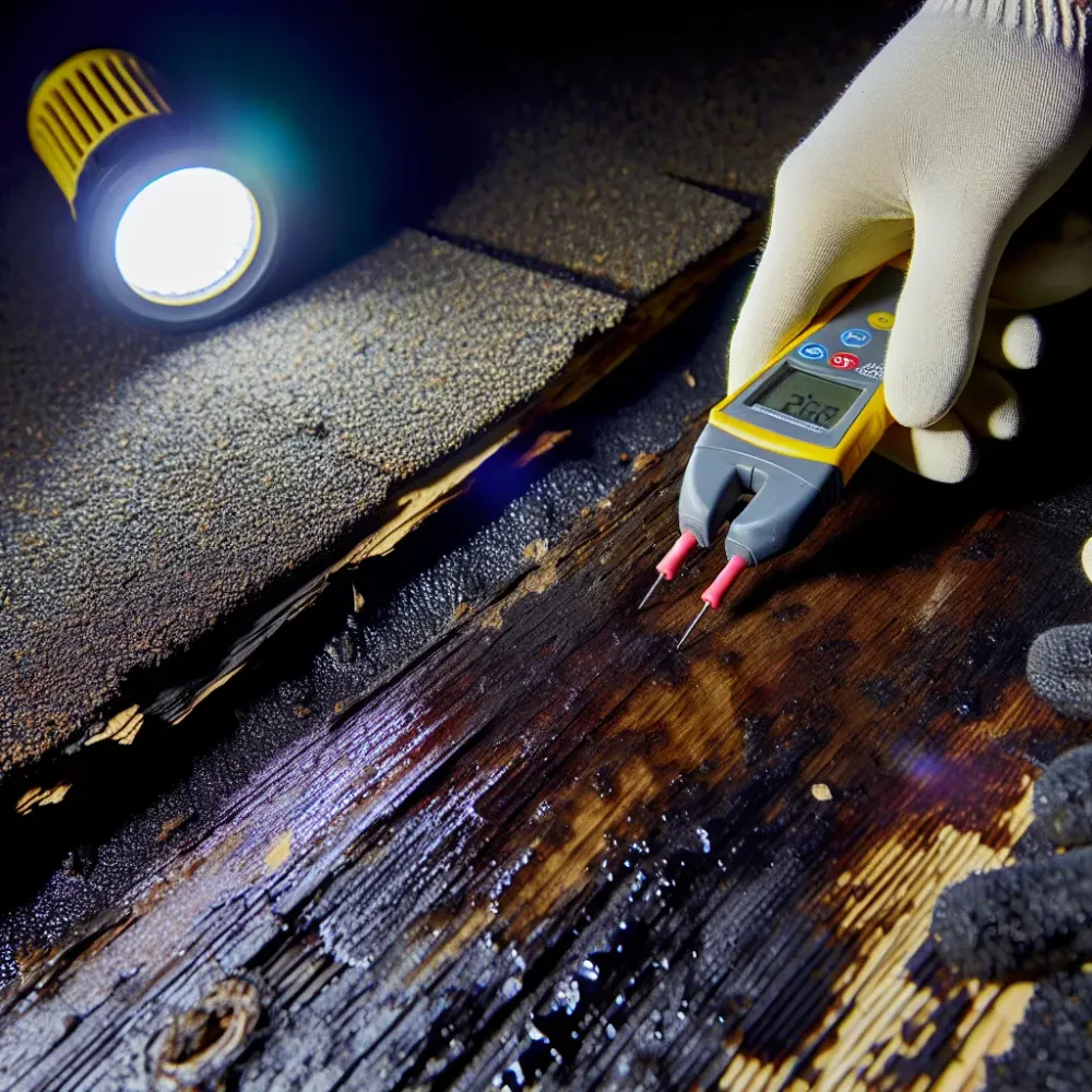 Close-up moisture meter probe detecting water damage in Sacramento roof decking