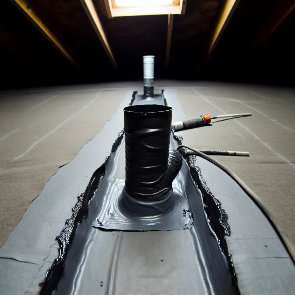 Completed roof leak repair with sealed flashing inside Sacramento attic space