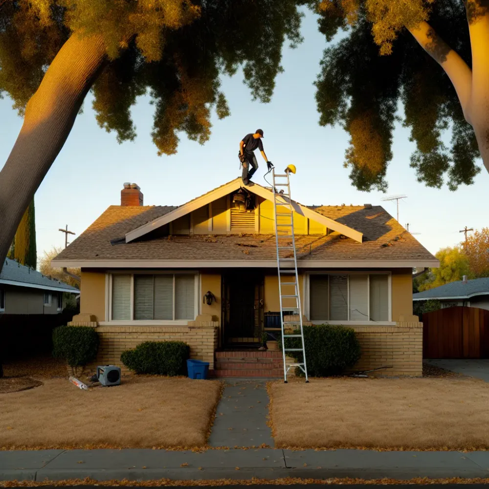 Roof leak detection technician on ladder at Sacramento Craftsman home at golden hour