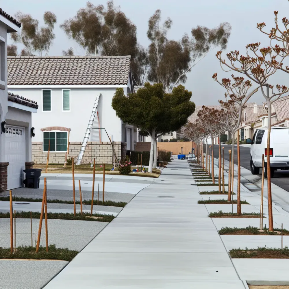 Elk Grove California residential street with roof leak repair service van parked curbside