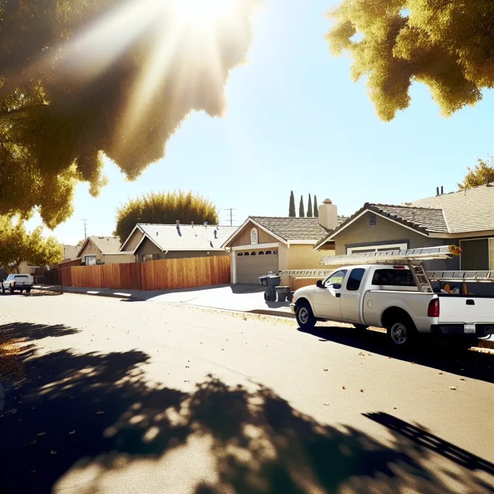 Service truck parked on a Rancho Cordova street for roof leak repair in Sacramento County