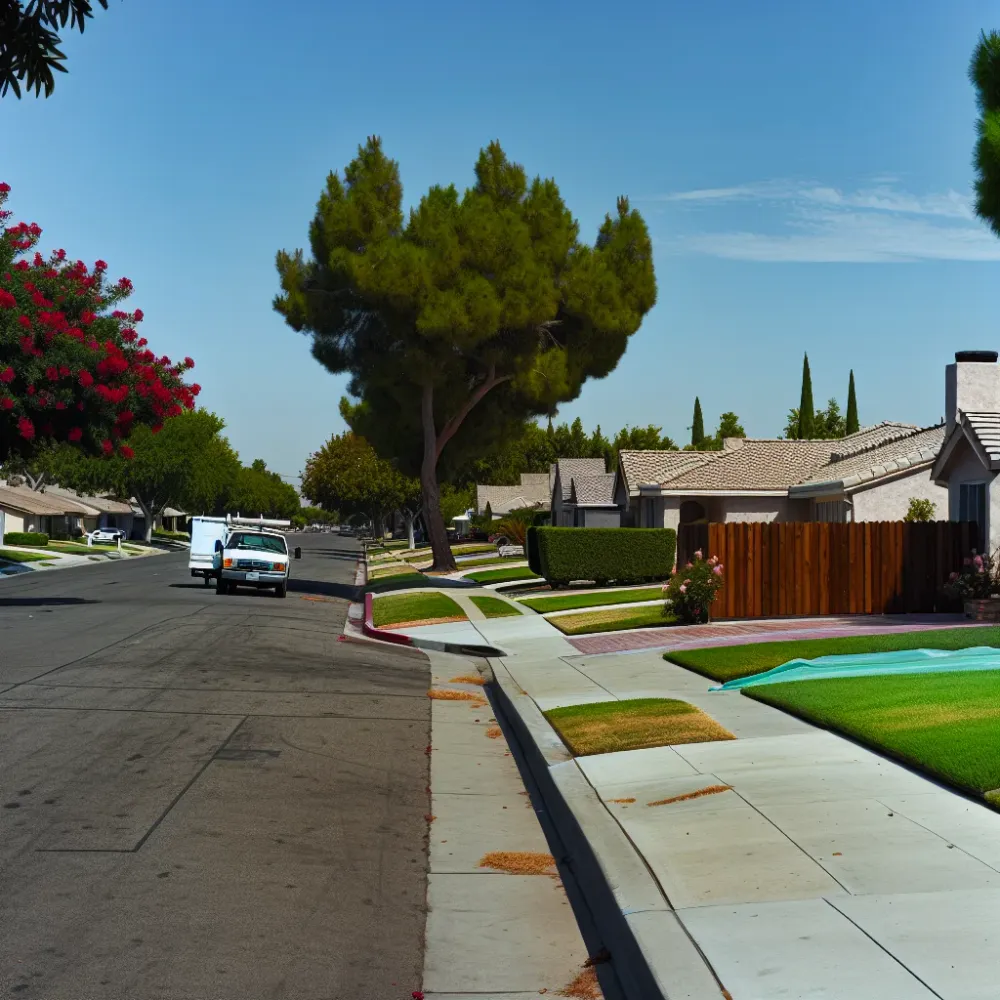 Roof repair service truck parked on Elk Grove residential street near Sacramento