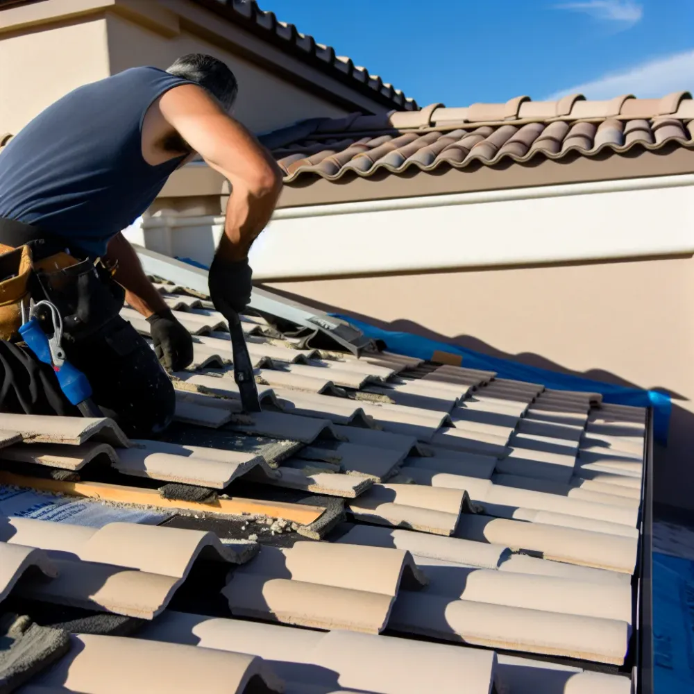 Close-up of concrete tile roof repair on Elk Grove CA two-story home