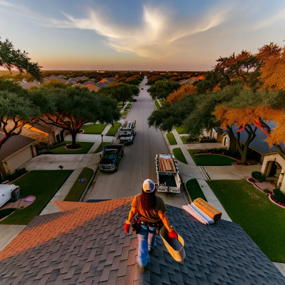 Roofing crew arriving at Elk Grove CA home at golden hour near Sacramento
