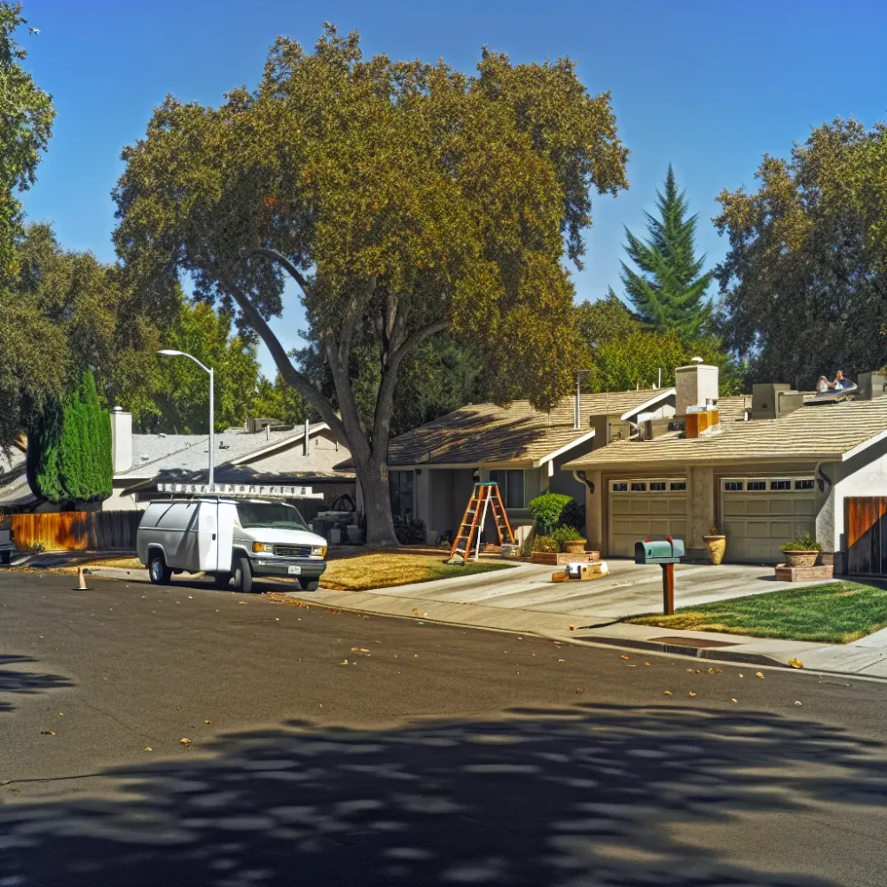 Roof repair truck parked on Sacramento residential street near Elk Grove Regional Park