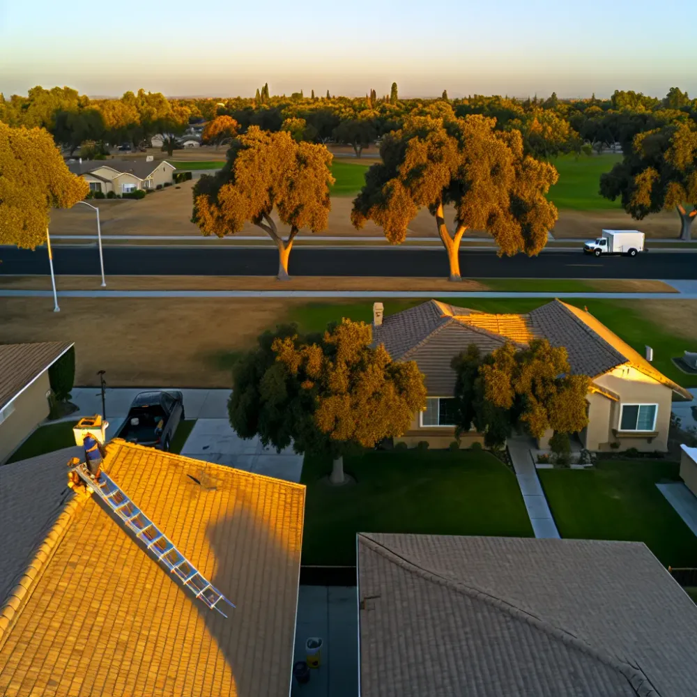 Roof repair worker near Elk Grove Regional Park Sacramento neighborhood at golden hour